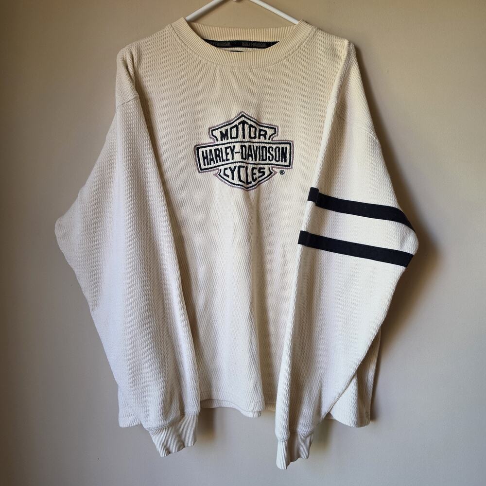 Harley Davidson Sweater Mens Size Large Cream Logo Embroidered 100% Cotton